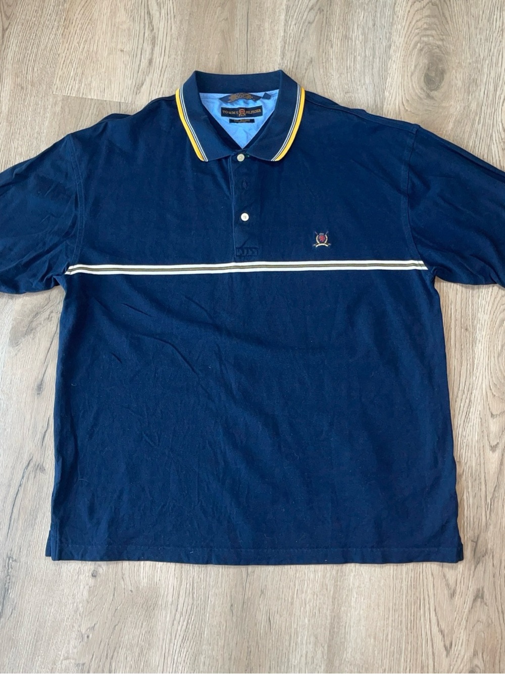 Tommy Bahama Navy Polo with Yellow Trim and White Stripe